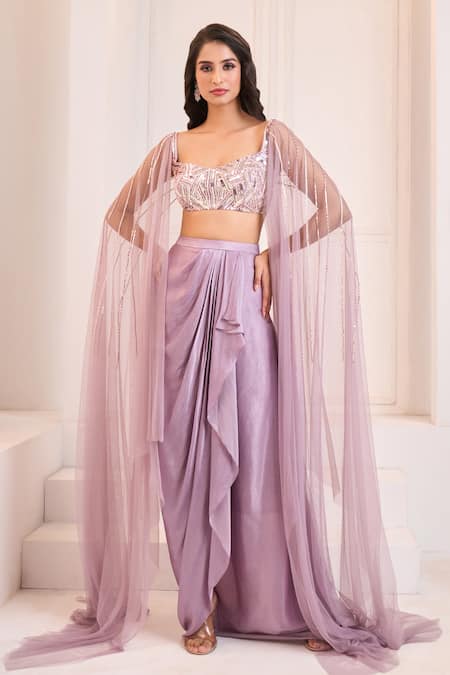 Masumi Mewawalla X AZA Purple Sequins, Cut Work Draped Dhoti Skirt With Embroidered Blouse at Aza Fashions Masumi Mewawalla X AZA_Purple Sequins, Cut Work Draped Dhoti Skirt With Embroidered Blouse _at_Aza_Fashions