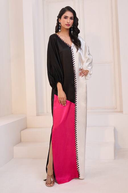 Buy_Masumi Mewawalla X AZA_White Maheshwari Embroidery V-neck Tri Color Block Long Tunic 