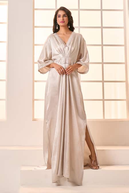 Shop_Masumi Mewawalla X AZA_Silver Embroidery V-neck Placement Draped Kaftan _Online_at_Aza_Fashions