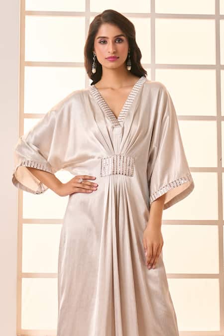 Masumi Mewawalla X AZA_Silver Embroidery V-neck Placement Draped Kaftan _at_Aza_Fashions