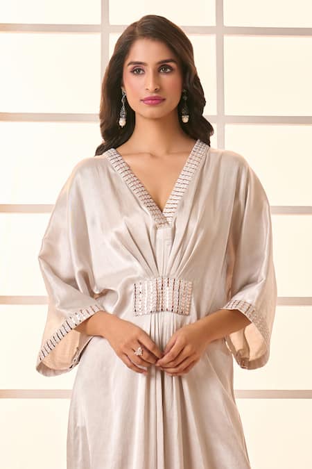 Buy_Masumi Mewawalla X AZA_Silver Embroidery V-neck Placement Draped Kaftan 