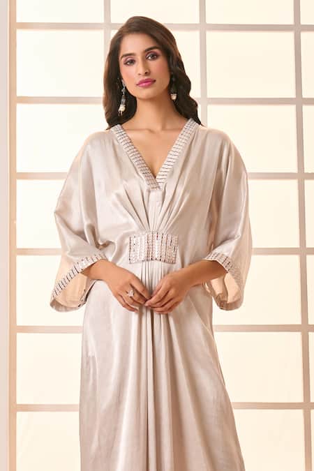 Shop_Masumi Mewawalla X AZA_Silver Embroidery V-neck Placement Draped Kaftan 