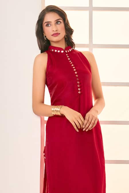 Buy Masumi Mewawalla X AZA Red Satin, Silk, Cotton Embroidery Mandarin Collar Straight Kurta And Pant Set Online at Aza Fashions Buy_Masumi Mewawalla X AZA_Red Satin, Silk, Cotton Embroidery Mandarin Collar Straight Kurta And Pant Set _Online_at_Aza_Fashions
