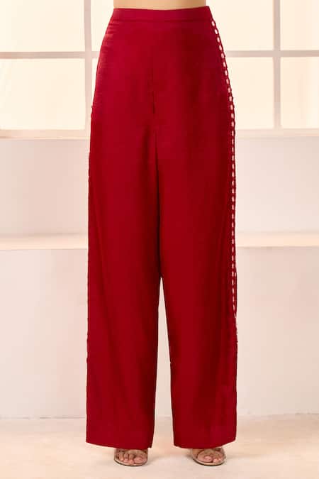 Shop Masumi Mewawalla X AZA Red Satin, Silk, Cotton Embroidery Mandarin Collar Straight Kurta And Pant Set Online at Aza Fashions Shop_Masumi Mewawalla X AZA_Red Satin, Silk, Cotton Embroidery Mandarin Collar Straight Kurta And Pant Set _Online_at_Aza_Fashions