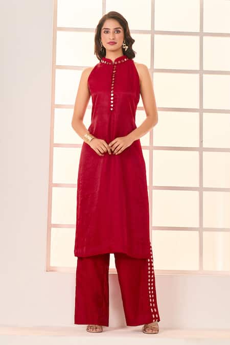 Shop Masumi Mewawalla X AZA Red Satin, Silk, Cotton Embroidery Mandarin Collar Straight Kurta And Pant Set Shop_Masumi Mewawalla X AZA_Red Satin, Silk, Cotton Embroidery Mandarin Collar Straight Kurta And Pant Set