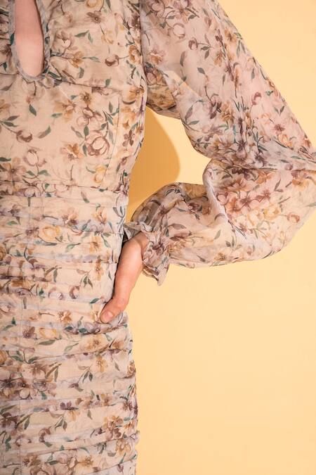Shop_Torqadorn_Cream Organza Round Neck Ruched Printed Dress_Online_at_Aza_Fashions