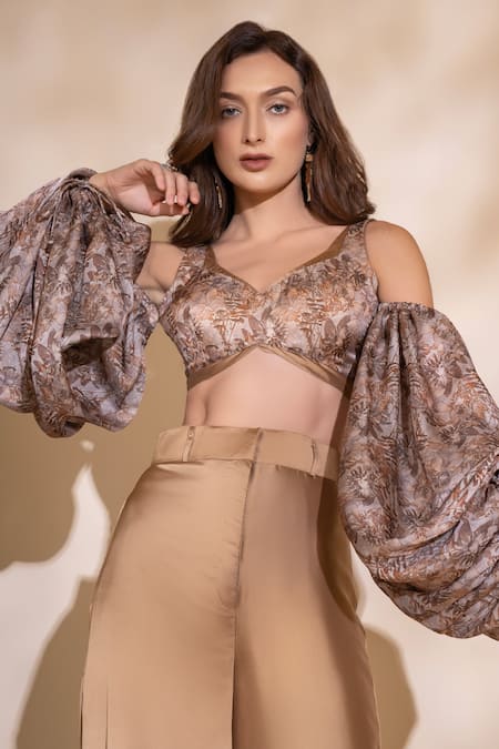 TORQADORN Gold Satin Leaf Printed Crop Top  