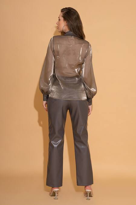 Shop_Torqadorn_Grey Organza Lapel Collar Shirt_at_Aza_Fashions
