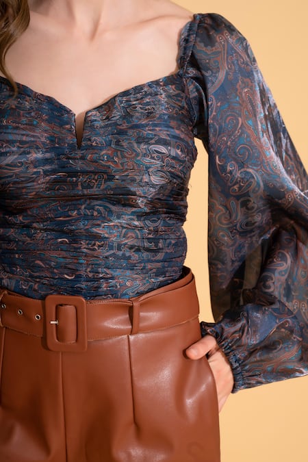 Torqadorn Blue Organza Square Neck Paisley Bloom Print Balloon Sleeves Top Online at Aza Fashions Torqadorn_Blue Organza Square Neck Paisley Bloom Print Balloon Sleeves Top_Online_at_Aza_Fashions