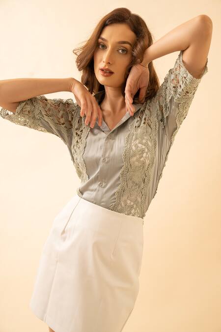 Buy_Torqadorn_Green Satin Lace Collared Panel Shirt_Online_at_Aza_Fashions