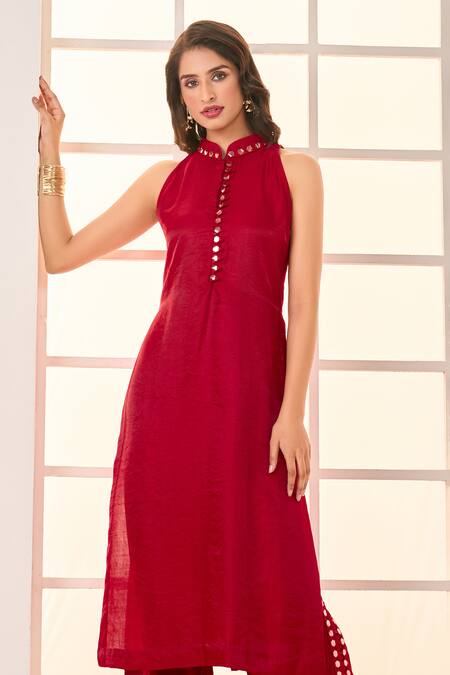 Masumi Mewawalla X AZA Red Satin, Silk, Cotton Embroidery Mandarin Collar Straight Kurta And Pant Set at Aza Fashions Masumi Mewawalla X AZA_Red Satin, Silk, Cotton Embroidery Mandarin Collar Straight Kurta And Pant Set _at_Aza_Fashions