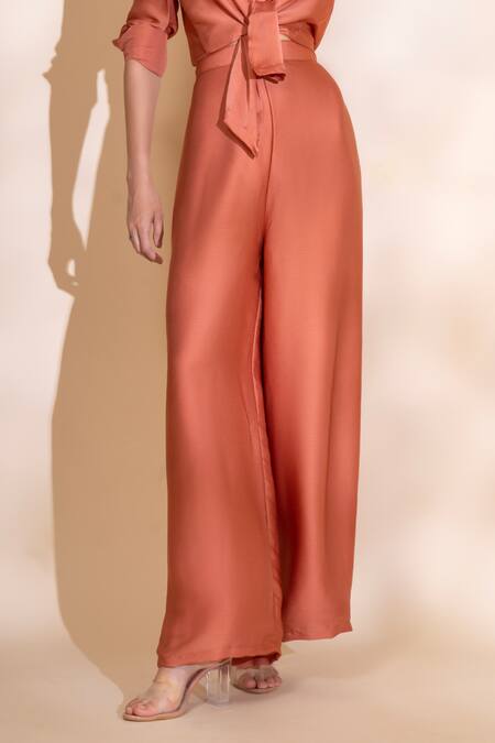 Buy_Torqadorn_Peach Satin, Chiffon Straight Pant_Online_at_Aza_Fashions