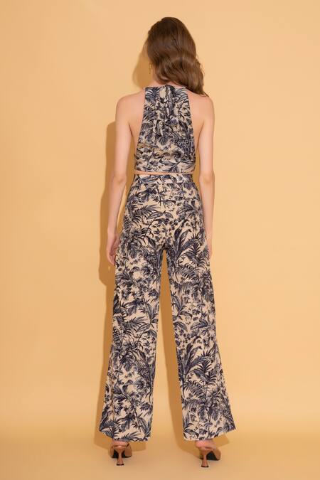 Shop Torqadorn Blue Crepe Summer Print Straight Pant at Aza Fashions Shop_Torqadorn_Blue Crepe Summer Print Straight Pant _at_Aza_Fashions