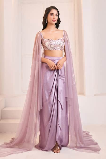 Shop Masumi Mewawalla X AZA Purple Sequins, Cut Work Draped Dhoti Skirt With Embroidered Blouse Shop_Masumi Mewawalla X AZA_Purple Sequins, Cut Work Draped Dhoti Skirt With Embroidered Blouse