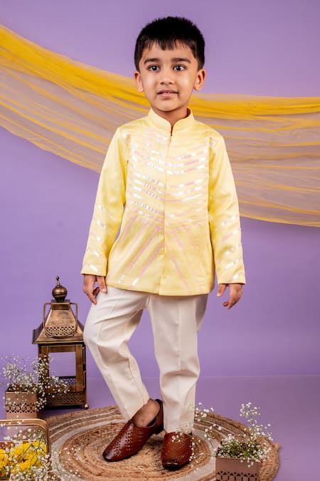 Toplove Yellow Cotton, Linen, Silk Wire Placement Embroidered Bandhgala And Pant Set 
