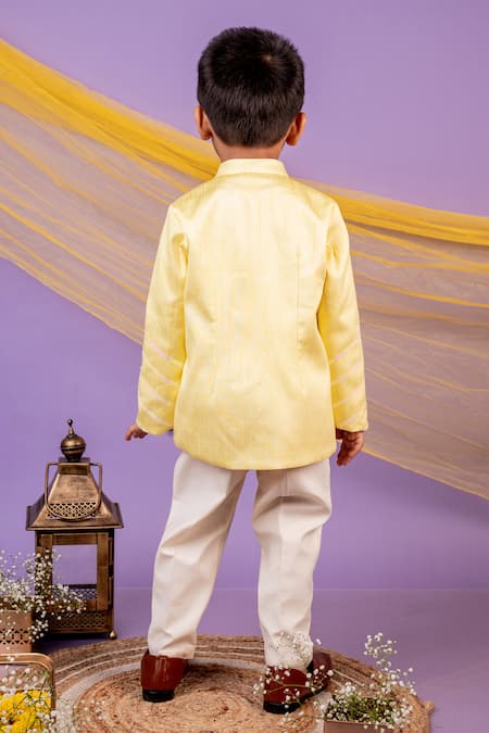 Shop Toplove Yellow Cotton, Linen, Silk Wire Placement Embroidered Bandhgala And Pant Set at Aza Fashions Shop_Toplove_Yellow Cotton, Linen, Silk Wire Placement Embroidered Bandhgala And Pant Set _at_Aza_Fashions
