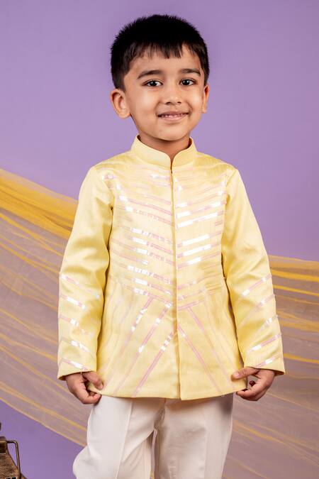 Shop Toplove Yellow Cotton, Linen, Silk Wire Placement Embroidered Bandhgala And Pant Set Online at Aza Fashions Shop_Toplove_Yellow Cotton, Linen, Silk Wire Placement Embroidered Bandhgala And Pant Set _Online_at_Aza_Fashions