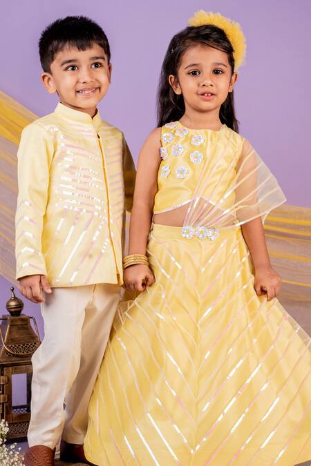 Toplove Yellow Cotton, Linen, Silk Wire Placement Embroidered Bandhgala And Pant Set at Aza Fashions Toplove_Yellow Cotton, Linen, Silk Wire Placement Embroidered Bandhgala And Pant Set _at_Aza_Fashions