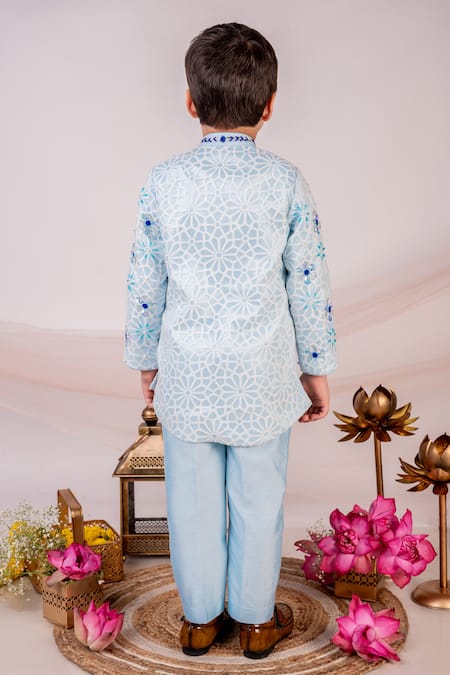 Shop Toplove Blue Cotton, Chanderi, Satin Floral Embroidered Asymmetric Kurta Pant Set at Aza Fashions Shop_Toplove_Blue Cotton, Chanderi, Satin Floral Embroidered Asymmetric Kurta Pant Set _at_Aza_Fashions