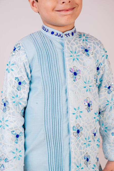 Toplove Blue Cotton, Chanderi, Satin Floral Embroidered Asymmetric Kurta Pant Set Online at Aza Fashions Toplove_Blue Cotton, Chanderi, Satin Floral Embroidered Asymmetric Kurta Pant Set _Online_at_Aza_Fashions