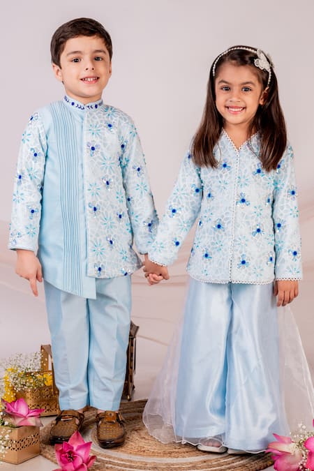 Buy Toplove Blue Cotton, Chanderi, Satin Floral Embroidered Asymmetric Kurta Pant Set Online at Aza Fashions Buy_Toplove_Blue Cotton, Chanderi, Satin Floral Embroidered Asymmetric Kurta Pant Set _Online_at_Aza_Fashions