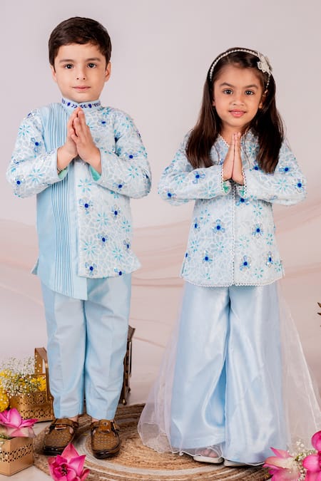 Shop Toplove Blue Cotton, Chanderi, Satin Floral Embroidered Asymmetric Kurta Pant Set Online at Aza Fashions Shop_Toplove_Blue Cotton, Chanderi, Satin Floral Embroidered Asymmetric Kurta Pant Set _Online_at_Aza_Fashions