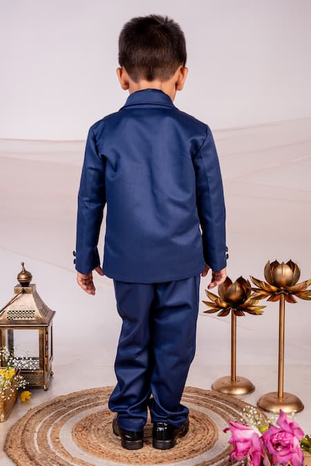 Shop Toplove Blue Cotton Textured Tuxedo Pant Set at Aza Fashions Shop_Toplove_Blue Cotton Textured Tuxedo Pant Set _at_Aza_Fashions