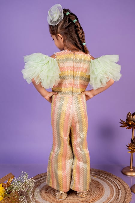 Shop Toplove Multi Color Brocade, Cotton Pearls Net Ruffle Sleeve Jumpsuit at Aza Fashions Shop_Toplove_Multi Color Brocade, Cotton Pearls Net Ruffle Sleeve Jumpsuit _at_Aza_Fashions