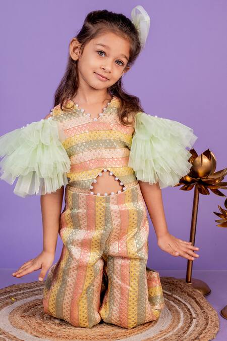 Toplove Multi Color Brocade, Cotton Pearls Net Ruffle Sleeve Jumpsuit Online at Aza Fashions Toplove_Multi Color Brocade, Cotton Pearls Net Ruffle Sleeve Jumpsuit _Online_at_Aza_Fashions