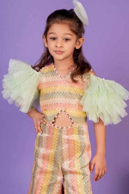 Buy Toplove Multi Color Brocade, Cotton Pearls Net Ruffle Sleeve Jumpsuit Online at Aza Fashions Buy_Toplove_Multi Color Brocade, Cotton Pearls Net Ruffle Sleeve Jumpsuit _Online_at_Aza_Fashions