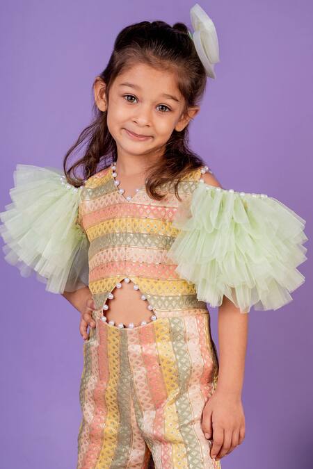 Shop Toplove Multi Color Brocade, Cotton Pearls Net Ruffle Sleeve Jumpsuit Online at Aza Fashions Shop_Toplove_Multi Color Brocade, Cotton Pearls Net Ruffle Sleeve Jumpsuit _Online_at_Aza_Fashions