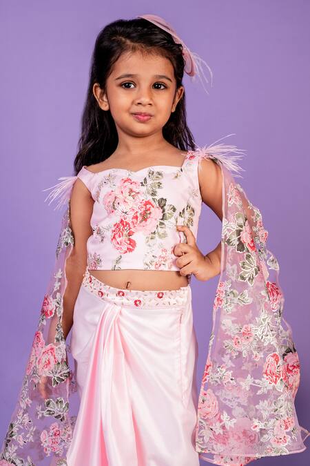 Toplove Pink Organza, Satin, Cotton Embroidery, Cape Sleeve Top And Draped Skirt Set Online at Aza Fashions Toplove_Pink Organza, Satin, Cotton Embroidery, Cape Sleeve Top And Draped Skirt Set _Online_at_Aza_Fashions