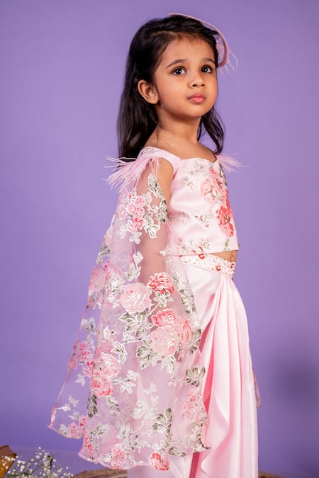Shop Toplove Pink Organza, Satin, Cotton Embroidery, Cape Sleeve Top And Draped Skirt Set Online at Aza Fashions Shop_Toplove_Pink Organza, Satin, Cotton Embroidery, Cape Sleeve Top And Draped Skirt Set _Online_at_Aza_Fashions