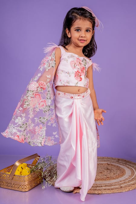 Toplove Pink Organza, Satin, Cotton Embroidery, Cape Sleeve Top And Draped Skirt Set at Aza Fashions Toplove_Pink Organza, Satin, Cotton Embroidery, Cape Sleeve Top And Draped Skirt Set _at_Aza_Fashions