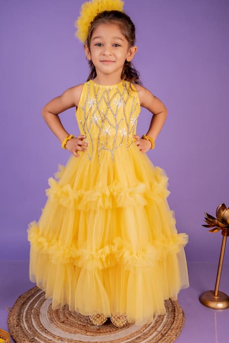 Toplove Yellow Cotton, Net Cut Work Crystal Embellished Frilled Gown 
