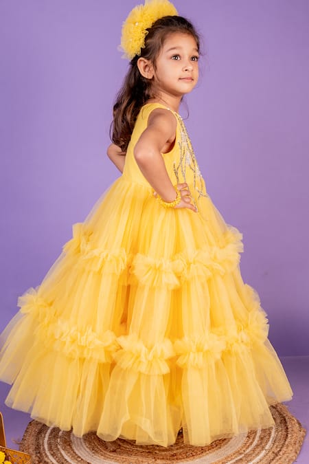 Shop Toplove Yellow Cotton, Net Cut Work Crystal Embellished Frilled Gown at Aza Fashions Shop_Toplove_Yellow Cotton, Net Cut Work Crystal Embellished Frilled Gown _at_Aza_Fashions