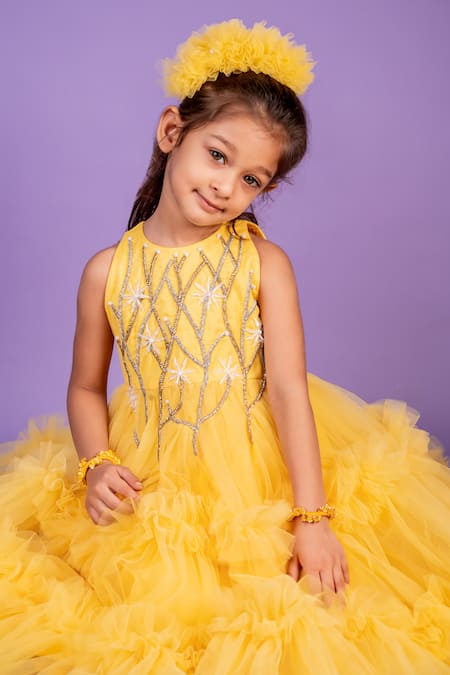 Shop Toplove Yellow Cotton, Net Cut Work Crystal Embellished Frilled Gown Online at Aza Fashions Shop_Toplove_Yellow Cotton, Net Cut Work Crystal Embellished Frilled Gown _Online_at_Aza_Fashions