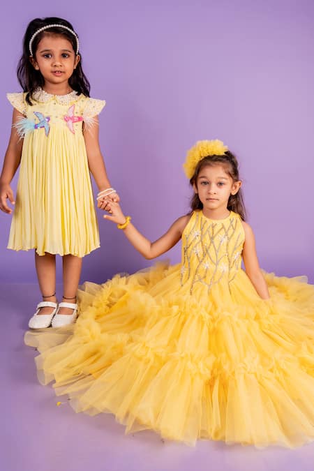 Buy Toplove Yellow Cotton, Net Cut Work Crystal Embellished Frilled Gown Buy_Toplove_Yellow Cotton, Net Cut Work Crystal Embellished Frilled Gown