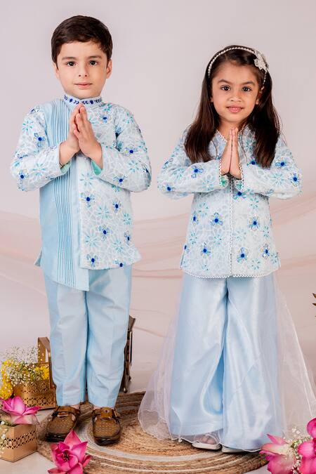 Toplove_Blue Cotton, Satin, Organza Sequins, Pearls Embroidered Jacket And Sharara Set _Online_at_Aza_Fashions