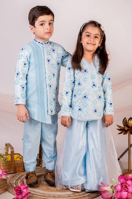 Buy_Toplove_Blue Cotton, Satin, Organza Sequins, Pearls Embroidered Jacket And Sharara Set _Online_at_Aza_Fashions