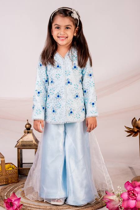 Shop_Toplove_Blue Cotton, Satin, Organza Sequins, Pearls Embroidered Jacket And Sharara Set _Online_at_Aza_Fashions