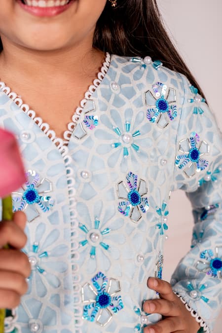 Toplove_Blue Cotton, Satin, Organza Sequins, Pearls Embroidered Jacket And Sharara Set _at_Aza_Fashions
