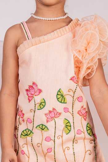 Buy Toplove Peach Denim, Cotton, Organza Sequins, Cut Embroidered Kurta And Frilled Pant Set Online at Aza Fashions Buy_Toplove_Peach Denim, Cotton, Organza Sequins, Cut Embroidered Kurta And Frilled Pant Set _Online_at_Aza_Fashions