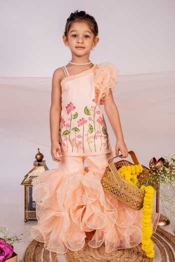 Shop Toplove Peach Denim, Cotton, Organza Sequins, Cut Embroidered Kurta And Frilled Pant Set Online at Aza Fashions Shop_Toplove_Peach Denim, Cotton, Organza Sequins, Cut Embroidered Kurta And Frilled Pant Set _Online_at_Aza_Fashions