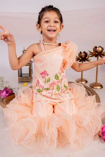 Toplove Peach Denim, Cotton, Organza Sequins, Cut Embroidered Kurta And Frilled Pant Set at Aza Fashions Toplove_Peach Denim, Cotton, Organza Sequins, Cut Embroidered Kurta And Frilled Pant Set _at_Aza_Fashions