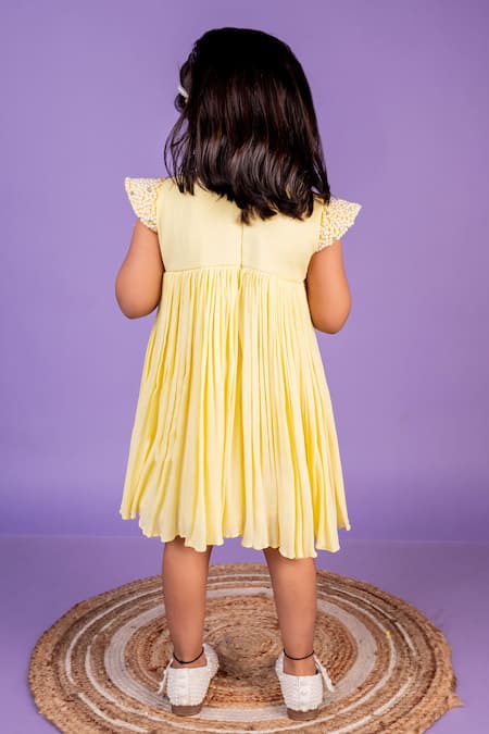 Shop Toplove Yellow Chiffon, Cotton Embroidery Dress With Bird Motifs at Aza Fashions Shop_Toplove_Yellow Chiffon, Cotton Embroidery Dress With Bird Motifs _at_Aza_Fashions