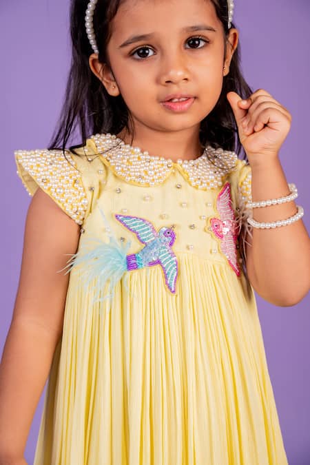Toplove Yellow Chiffon, Cotton Embroidery Dress With Bird Motifs Online at Aza Fashions Toplove_Yellow Chiffon, Cotton Embroidery Dress With Bird Motifs _Online_at_Aza_Fashions