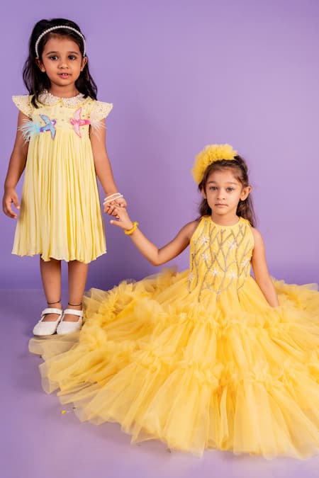 Buy Toplove Yellow Chiffon, Cotton Embroidery Dress With Bird Motifs Online at Aza Fashions Buy_Toplove_Yellow Chiffon, Cotton Embroidery Dress With Bird Motifs _Online_at_Aza_Fashions