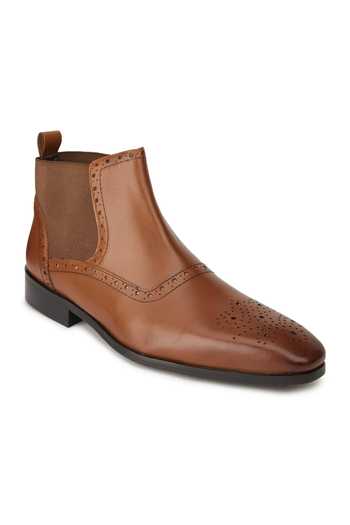 Hats Off Accessories_Brown Cut Work Leather Textured Boots_Online_at_Aza_Fashions