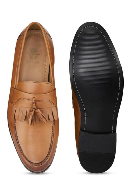 Shop Hats Off Accessories Brown Fringe Tassel Embellished Loafers at Aza Fashions Shop_Hats Off Accessories_Brown Fringe Tassel Embellished Loafers_at_Aza_Fashions